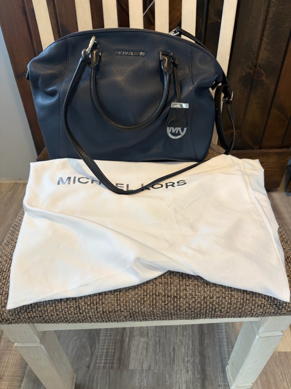 Michael Kors Dark Navy Pebbled Leather Satchel with Silver Hardware